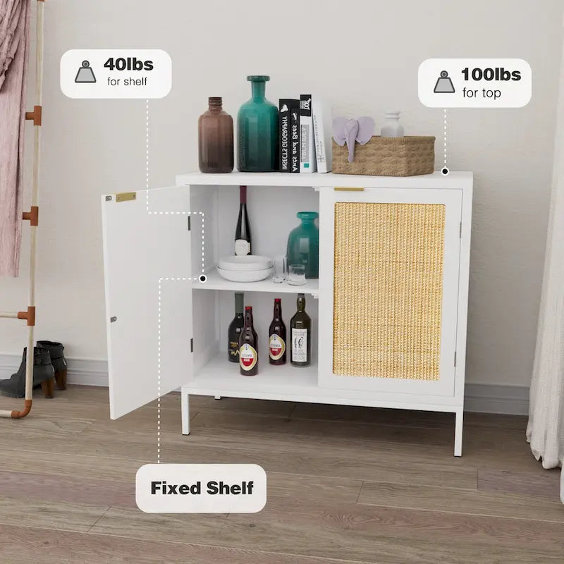 Buffet de cuisine blanc en bois et rotin avec 2 portes