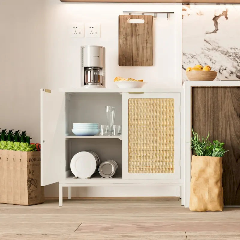 Buffet de cuisine blanc en bois et rotin avec 2 portes