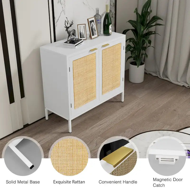 Buffet de cuisine blanc en bois et rotin avec 2 portes