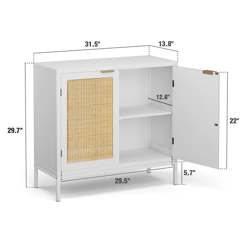 Buffet de cuisine blanc en bois et rotin avec 2 portes