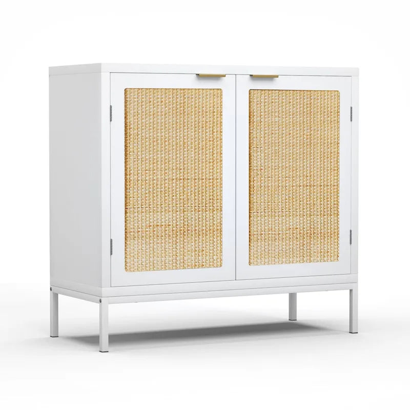 Buffet de cuisine blanc en bois et rotin avec 2 portes