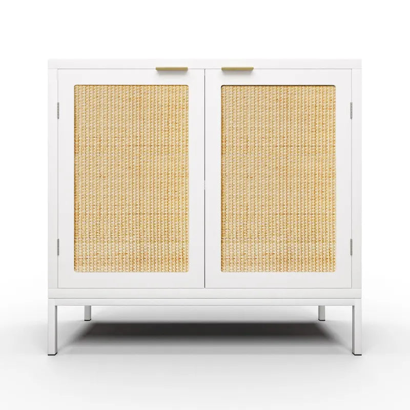 Buffet de cuisine blanc en bois et rotin avec 2 portes