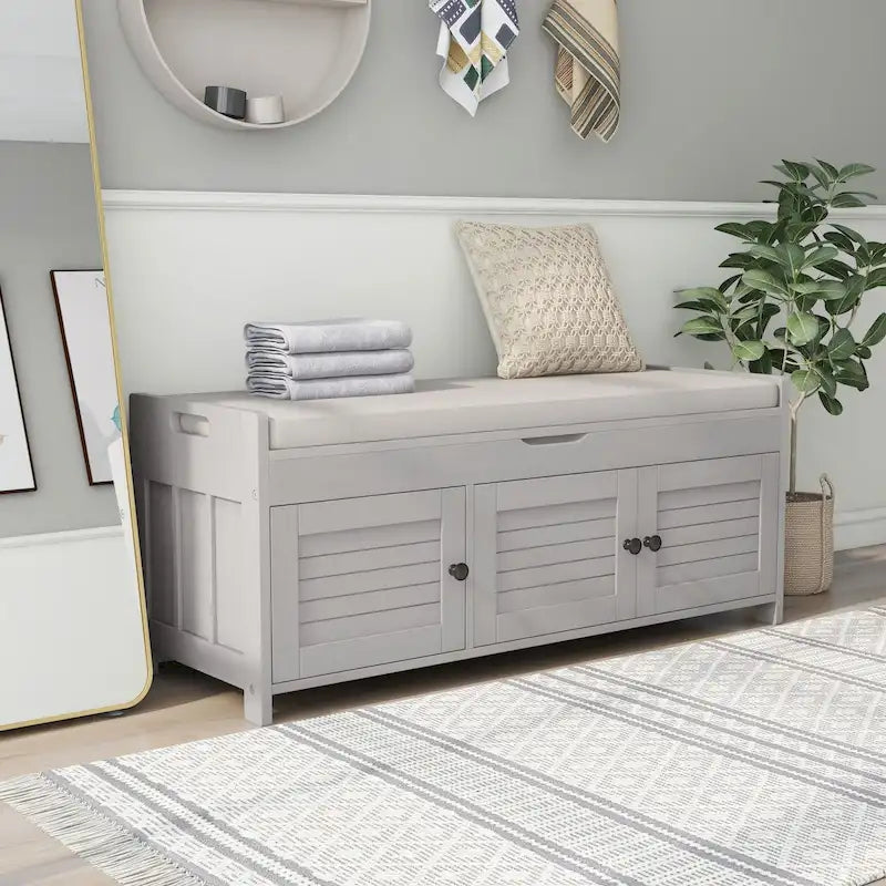 Banc de rangement avec 3 portes à persiennes, banc à chaussures avec coussin amovible et espace de rangement dissimulé
