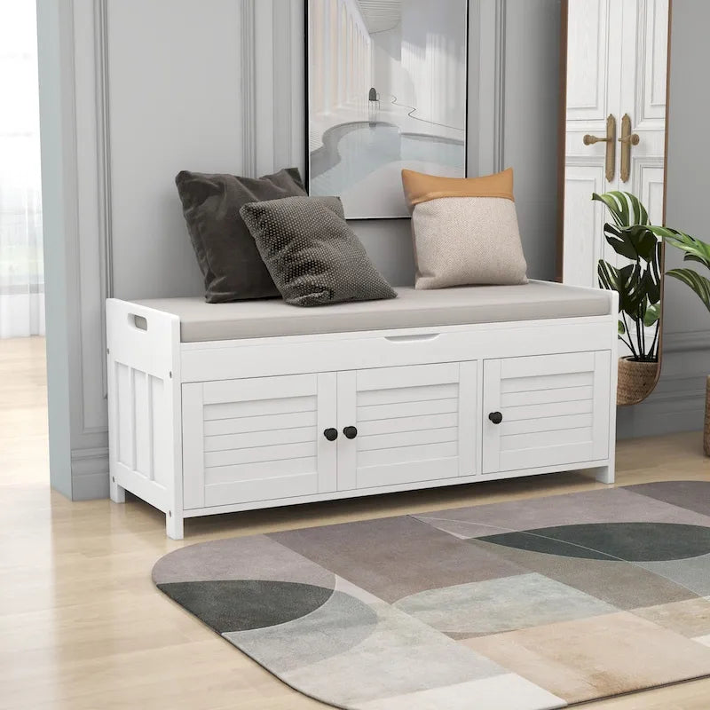 Banc de rangement avec 3 portes à persiennes, banc à chaussures avec coussin amovible et espace de rangement dissimulé