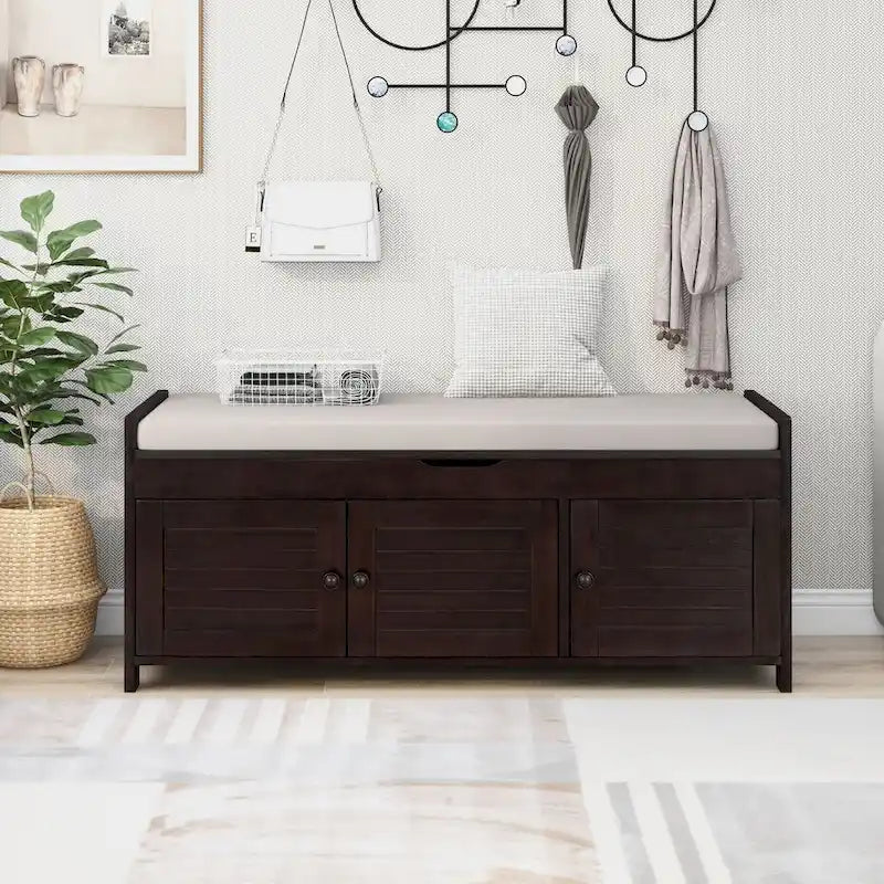 Banc de rangement avec 3 portes à persiennes, banc à chaussures avec coussin amovible et espace de rangement dissimulé