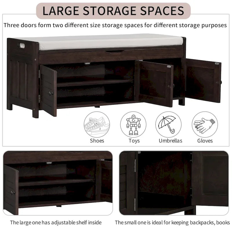 Banc de rangement avec 3 portes à persiennes, banc à chaussures avec coussin amovible et espace de rangement dissimulé