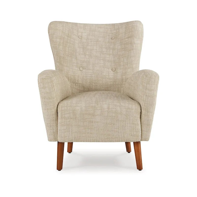 Fauteuil d’appoint beige en polyester, coussins moelleux, pieds fuselés en bois brun