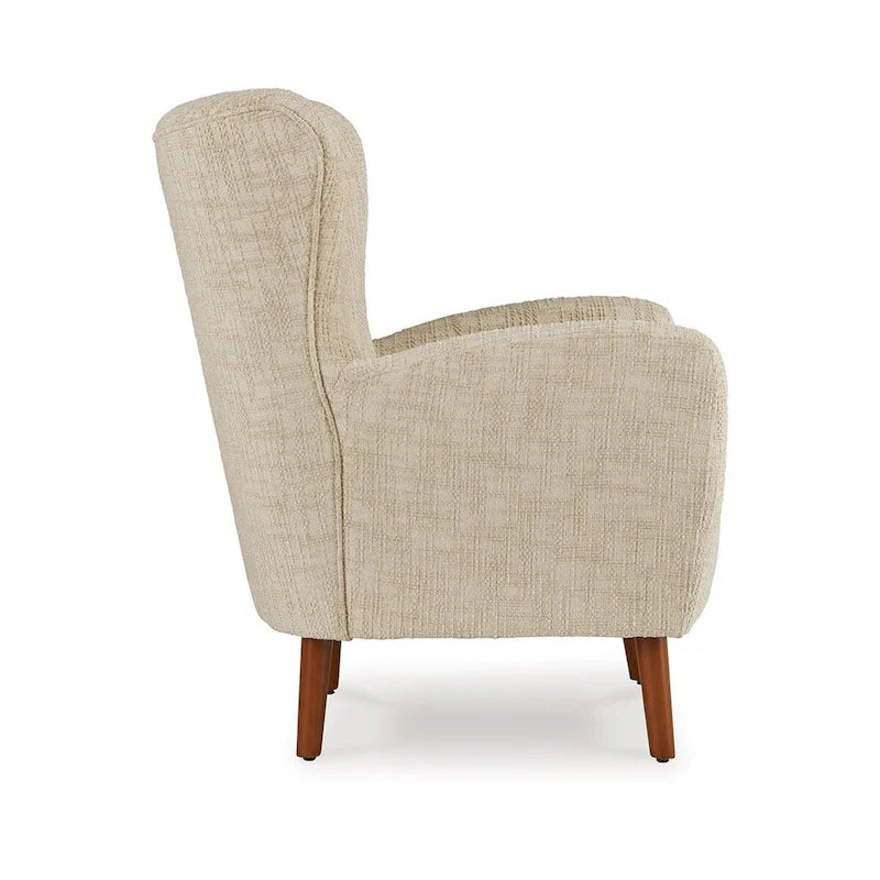 Fauteuil d’appoint beige en polyester, coussins moelleux, pieds fuselés en bois brun