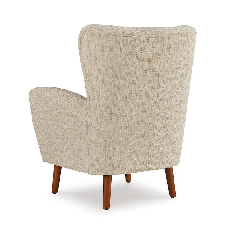 Fauteuil d’appoint beige en polyester, coussins moelleux, pieds fuselés en bois brun