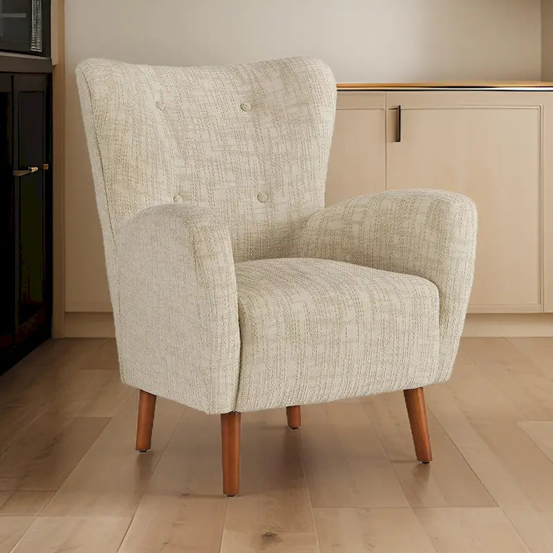 Fauteuil d’appoint beige en polyester, coussins moelleux, pieds fuselés en bois brun