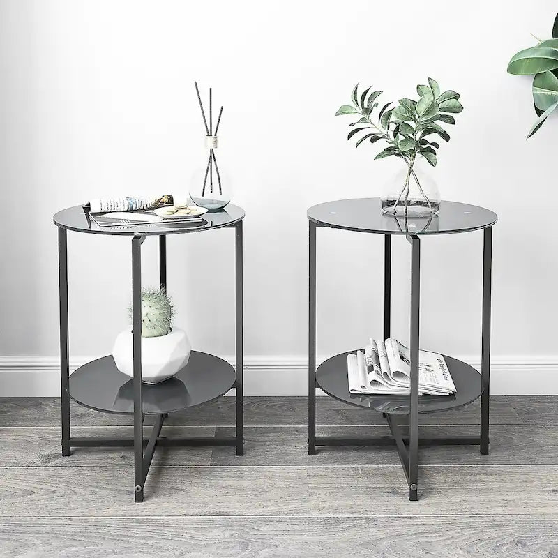 Ensemble de 2 tables d’appoint à plateau en verre trempé, table basse ronde pour chambre, salon ou bureau