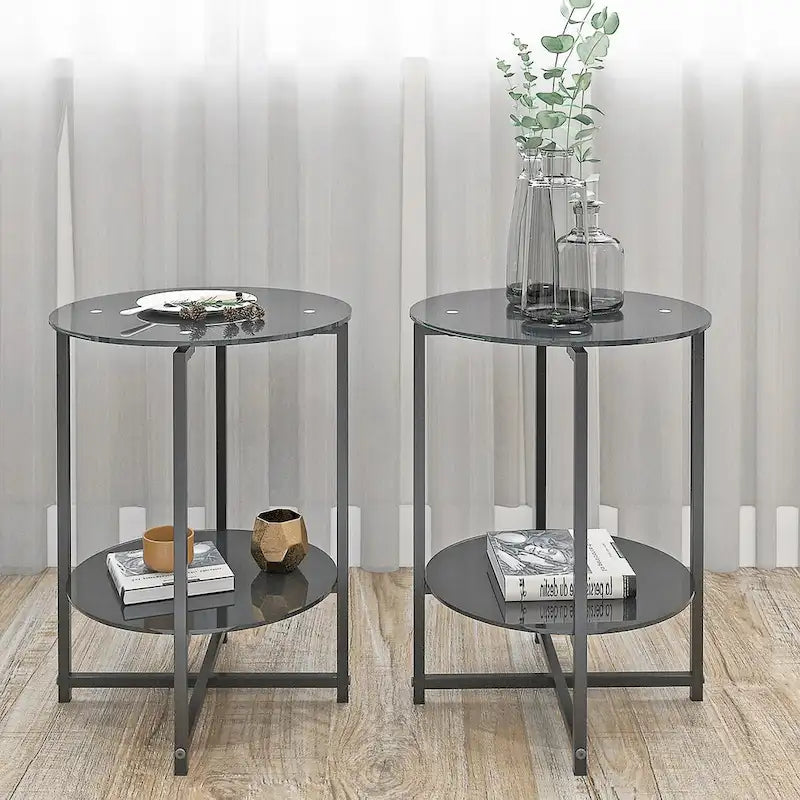 Ensemble de 2 tables d’appoint à plateau en verre trempé, table basse ronde pour chambre, salon ou bureau