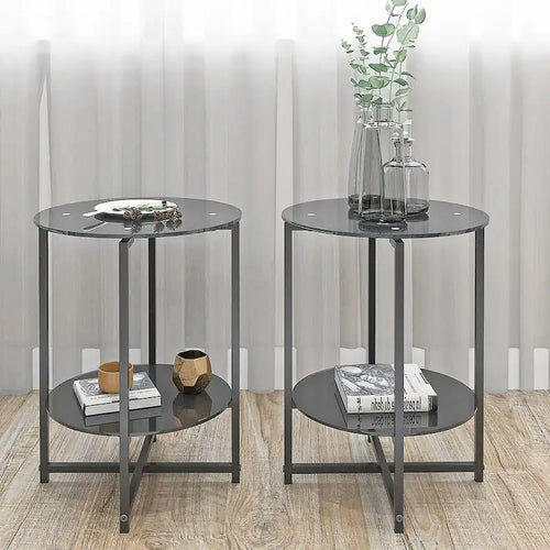 2-teiliges Set aus Beistelltisch aus gehärtetem Glas und rundem Couchtisch für Schlafzimmer, Wohnzimmer und Büro