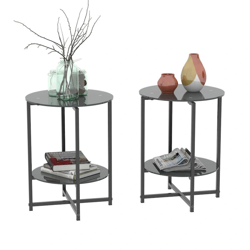 Ensemble de 2 tables d’appoint à plateau en verre trempé, table basse ronde pour chambre, salon ou bureau