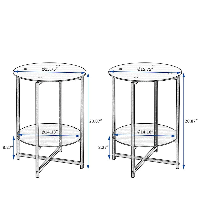 2-teiliges Set aus Beistelltisch aus gehärtetem Glas und rundem Couchtisch für Schlafzimmer, Wohnzimmer und Büro