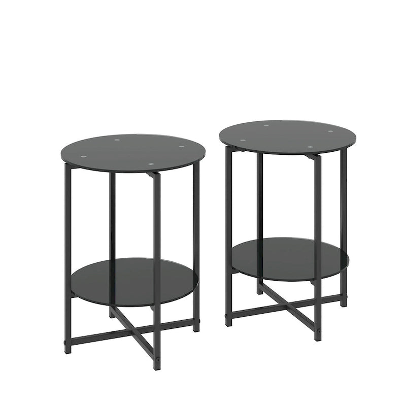 2-teiliges Set aus Beistelltisch aus gehärtetem Glas und rundem Couchtisch für Schlafzimmer, Wohnzimmer und Büro