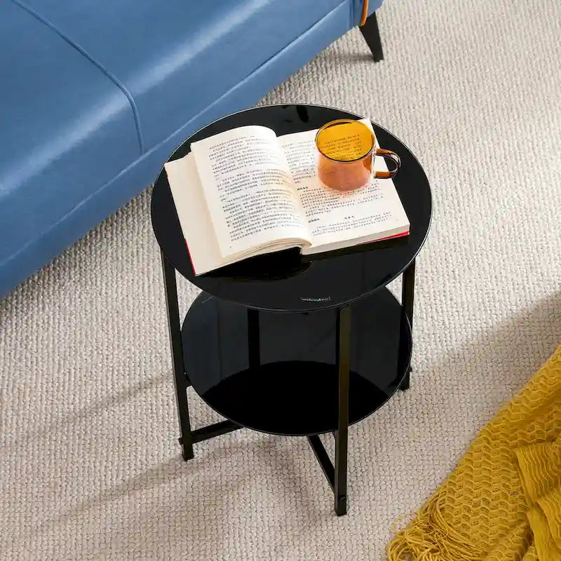2-teiliges Set aus Beistelltisch aus gehärtetem Glas und rundem Couchtisch für Schlafzimmer, Wohnzimmer und Büro