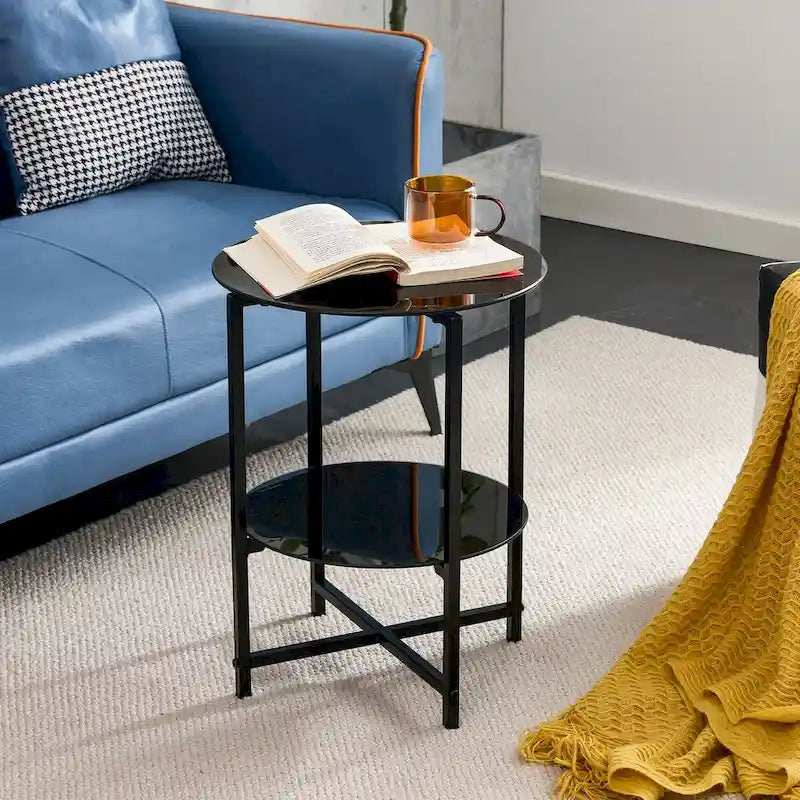 2-teiliges Set aus Beistelltisch aus gehärtetem Glas und rundem Couchtisch für Schlafzimmer, Wohnzimmer und Büro