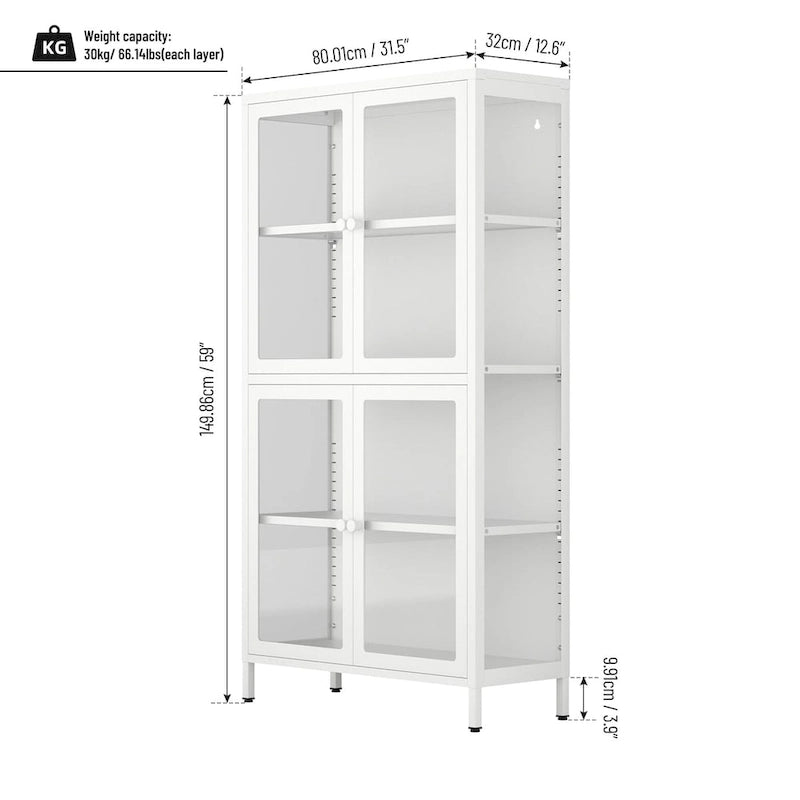 Sideboard aus kaltgewalztem Stahl mit vier Glastüren, verstellbaren Einlegeböden und Füßen