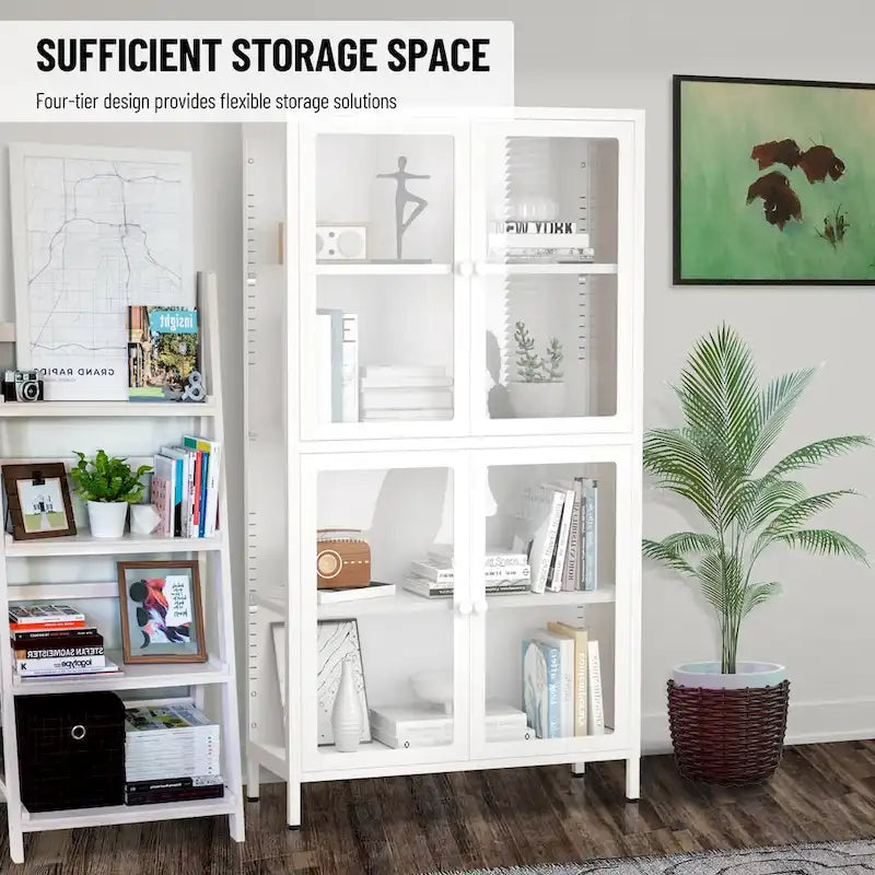 Aparador de acero laminado en frío con cuatro puertas de vidrio, estantes ajustables y patas