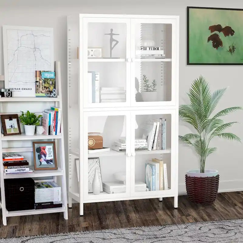 Aparador de acero laminado en frío con cuatro puertas de vidrio, estantes ajustables y patas