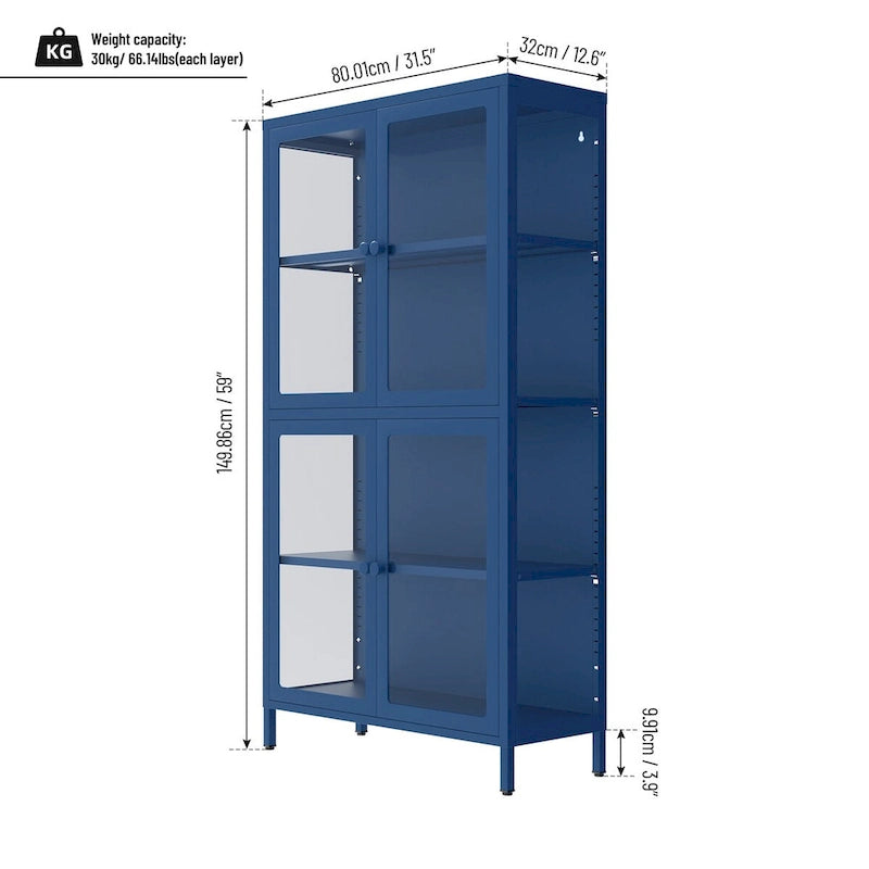 Aparador de acero laminado en frío con cuatro puertas de vidrio, estantes ajustables y patas