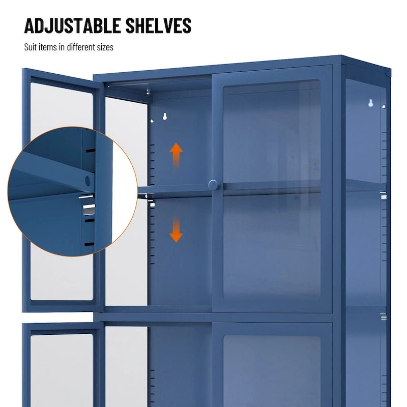 Aparador de acero laminado en frío con cuatro puertas de vidrio, estantes ajustables y patas