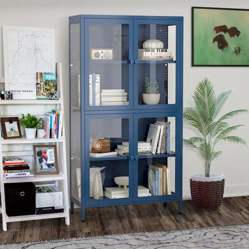 Aparador de acero laminado en frío con cuatro puertas de vidrio, estantes ajustables y patas