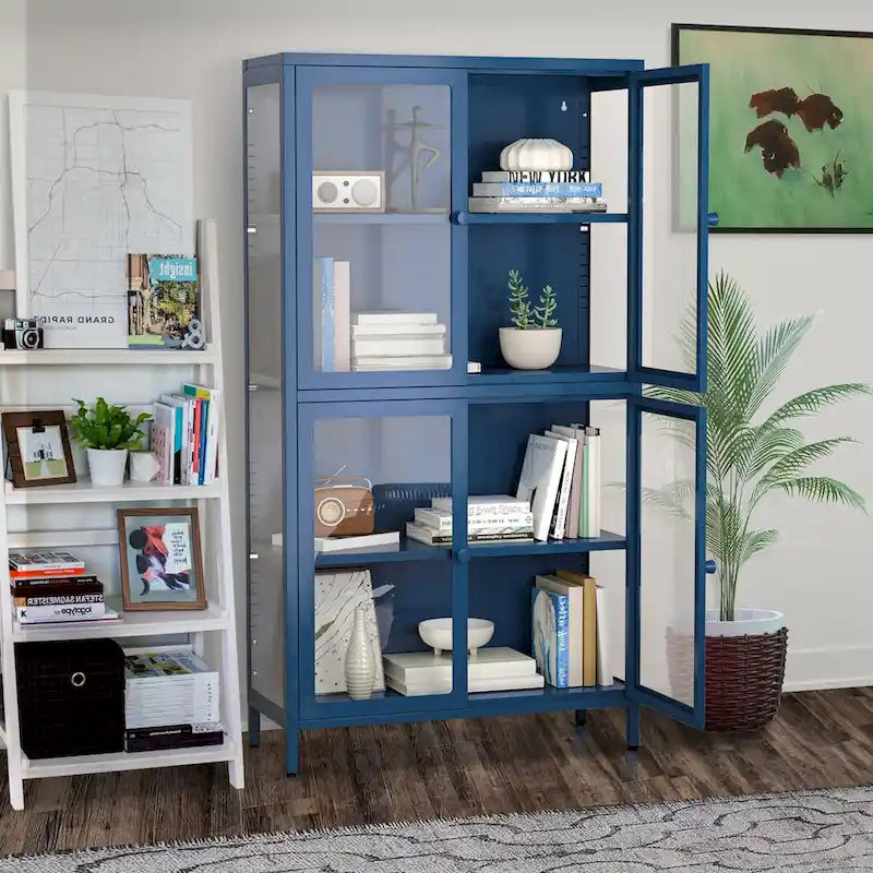 Aparador de acero laminado en frío con cuatro puertas de vidrio, estantes ajustables y patas