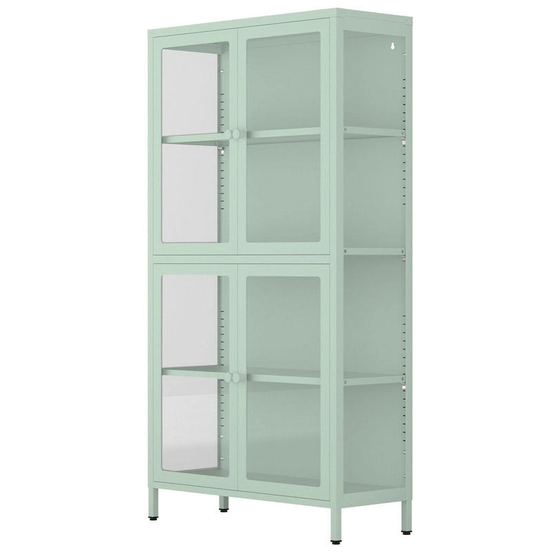 Aparador de acero laminado en frío con cuatro puertas de vidrio, estantes ajustables y patas