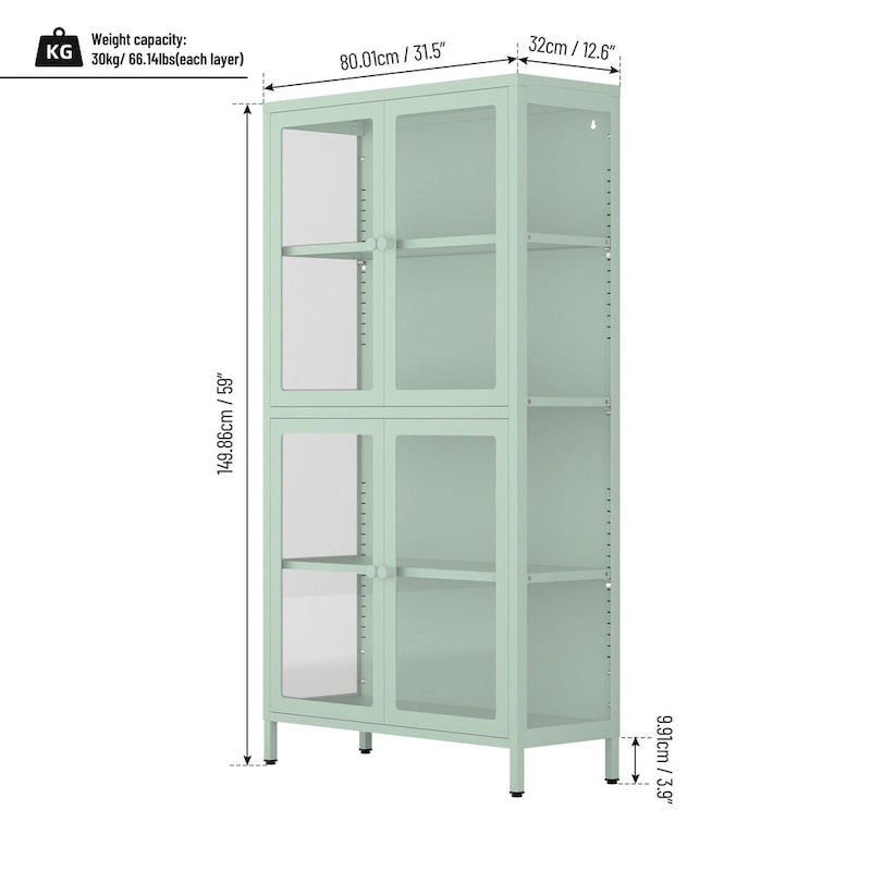 Aparador de acero laminado en frío con cuatro puertas de vidrio, estantes ajustables y patas