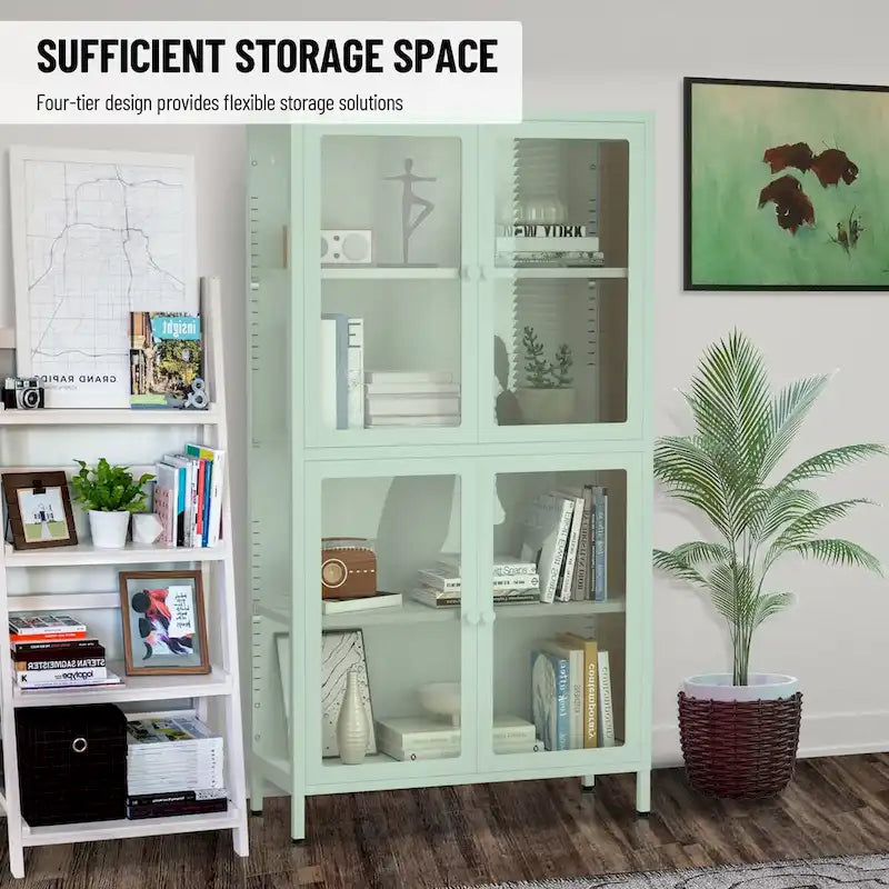 Aparador de acero laminado en frío con cuatro puertas de vidrio, estantes ajustables y patas