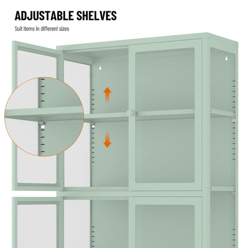 Aparador de acero laminado en frío con cuatro puertas de vidrio, estantes ajustables y patas