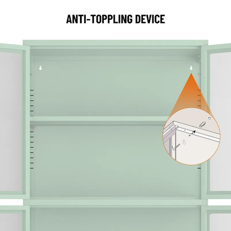 Aparador de acero laminado en frío con cuatro puertas de vidrio, estantes ajustables y patas