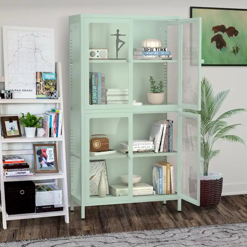 Aparador de acero laminado en frío con cuatro puertas de vidrio, estantes ajustables y patas