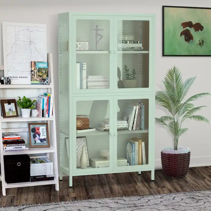 Aparador de acero laminado en frío con cuatro puertas de vidrio, estantes ajustables y patas