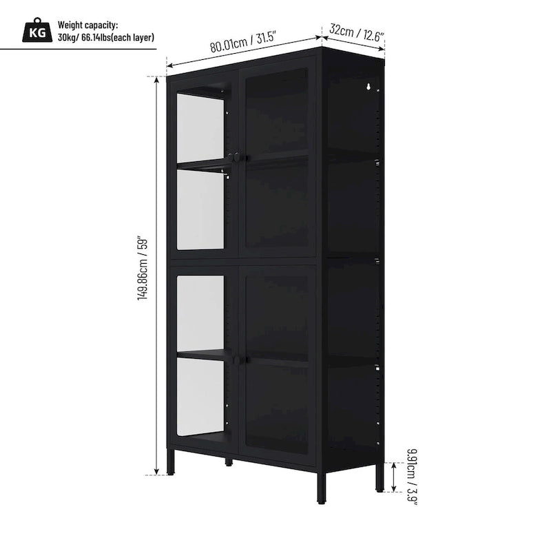 Aparador de acero laminado en frío con cuatro puertas de vidrio, estantes ajustables y patas