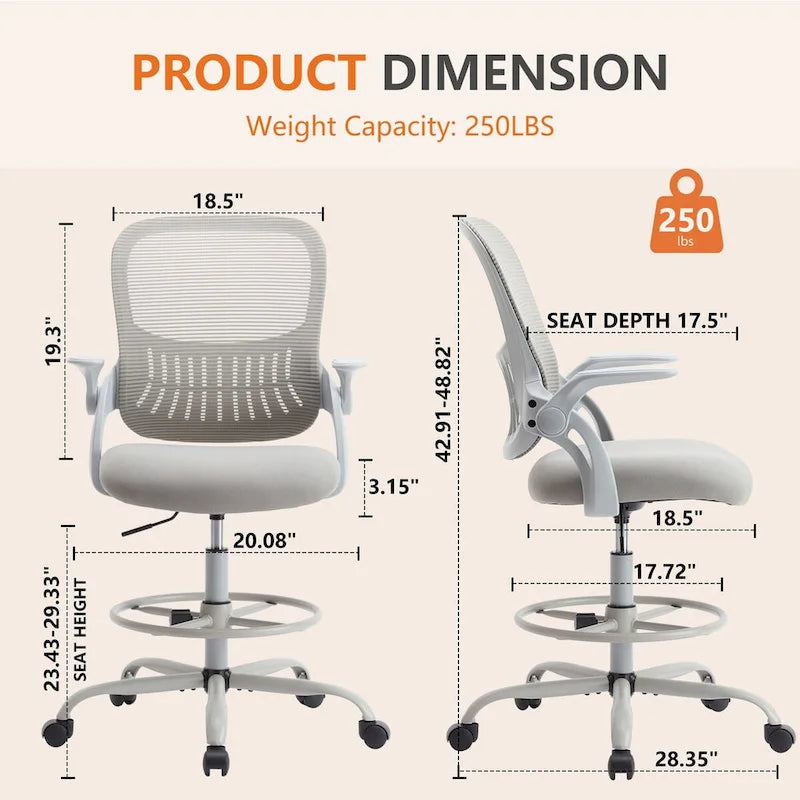 Chaise haute ergonomique de bureau pour dessin avec accoudoirs rabattables
