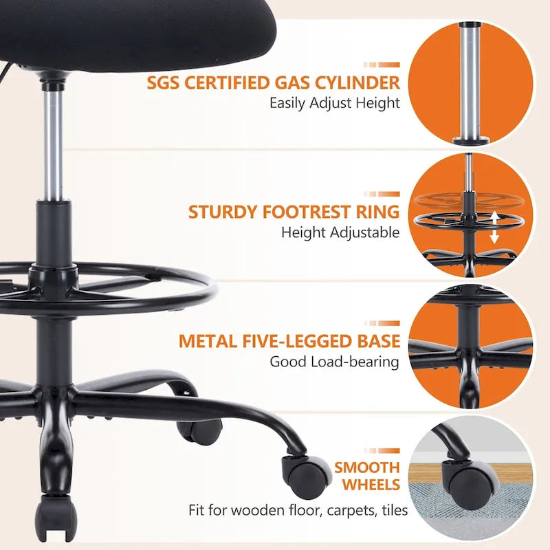 Chaise haute ergonomique de bureau pour dessin avec accoudoirs rabattables
