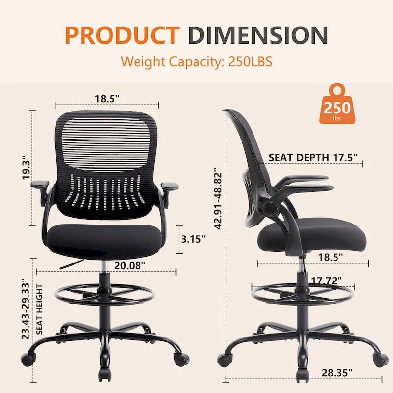 Chaise haute ergonomique de bureau pour dessin avec accoudoirs rabattables